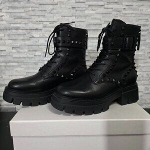 ASH LUCAS STUDDED LEATHER COMBAT BOOTS WOMEN'S 37/7 US BLSCK BACK ZIP
